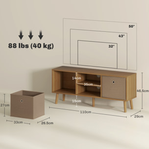Mueble de TV, Mesa de TV con 2 Cajones de Tela, 2 Estantes Abiertos, Orificios para Cables, para Televisores hasta 50 Pulgadas, Largo de 110 cm, para Salón, Dormitorio, Madera y Marrón