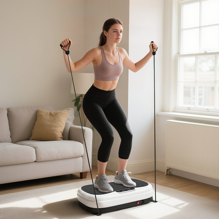 Plataforma Vibratoria, 50 Velocidades 3 Programas, Plataforma Vibración Muscular con Pantalla LED, Mando a Distancia, Bandas Elásticas, para Entrenamiento Corporal Completo, Ejercicio en Casa