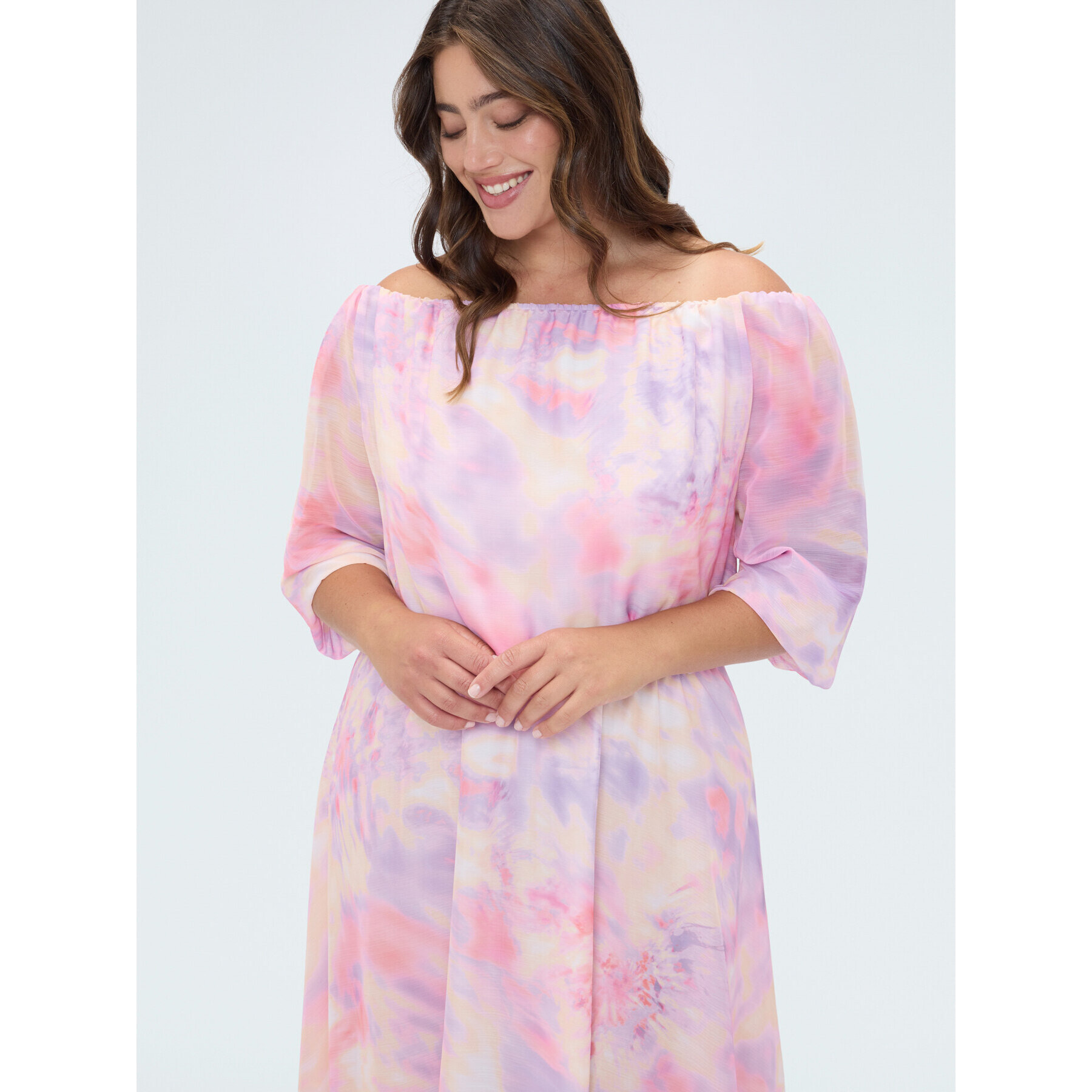 Fiorella Rubino - Vestito lungo off shoulder stampa sfumata - Rosa