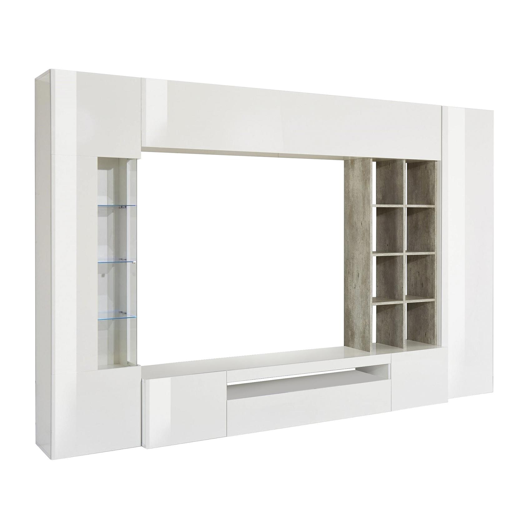 Parete attrezzata da soggiorno, Made in Italy, con luce LED blu, Base porta TV e pensili e scaffali, Set salotto moderno, cm 290x40h192, colore Bianco lucido e Cemento