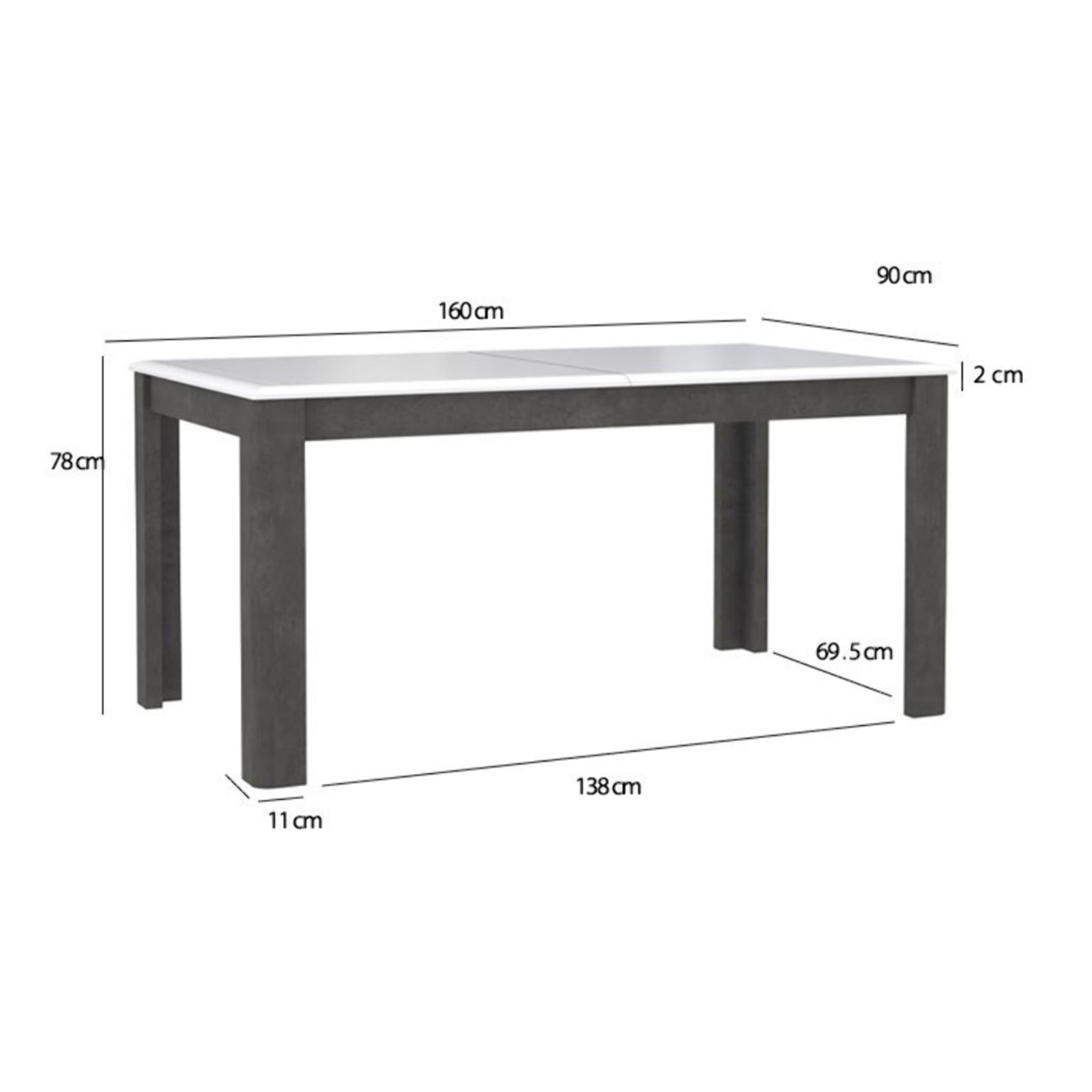 Table de repas extensible gris foncé et blanc 160/207 cm - MONACO