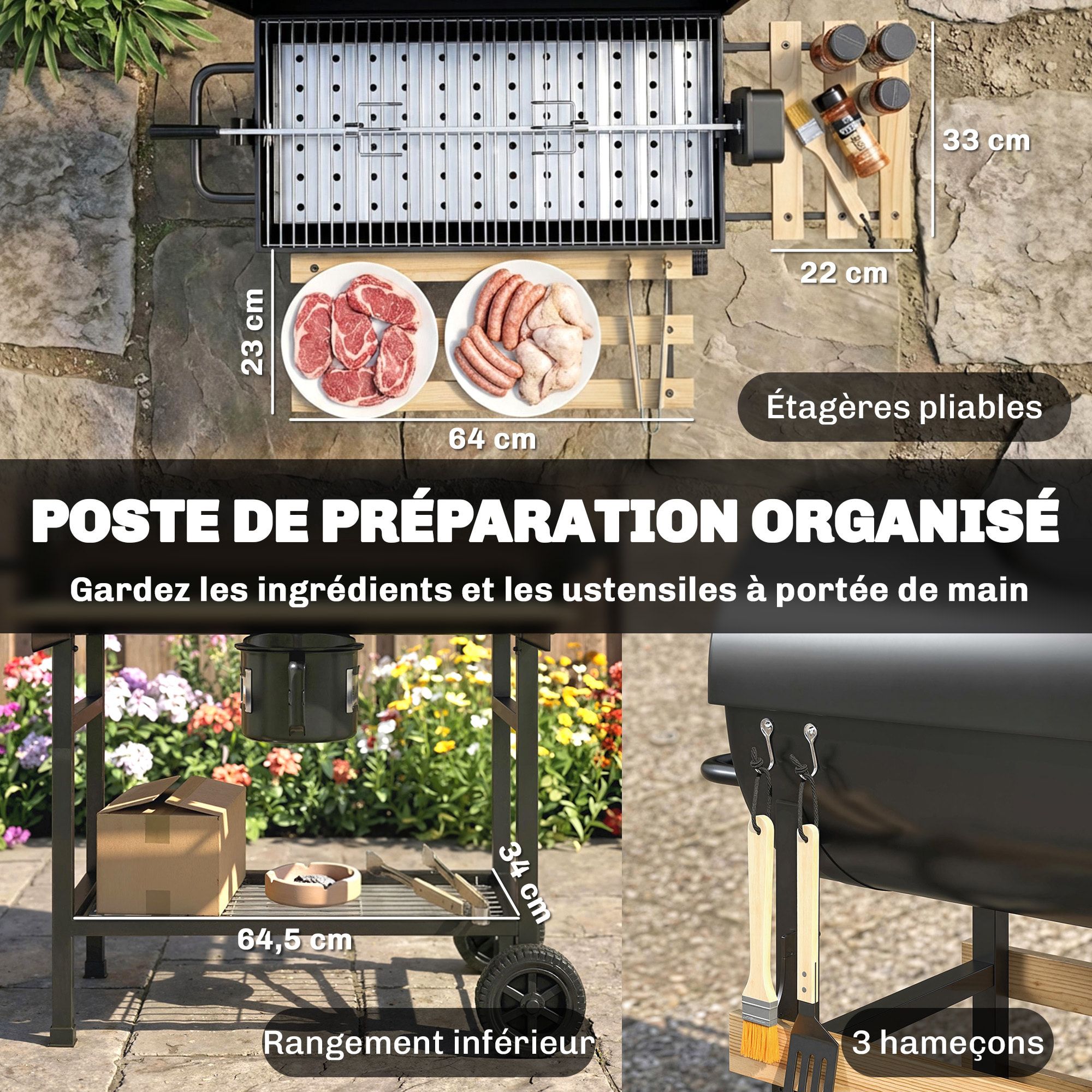 Barbecue charbon rôtissoire électrique intégrée accessoires rangements