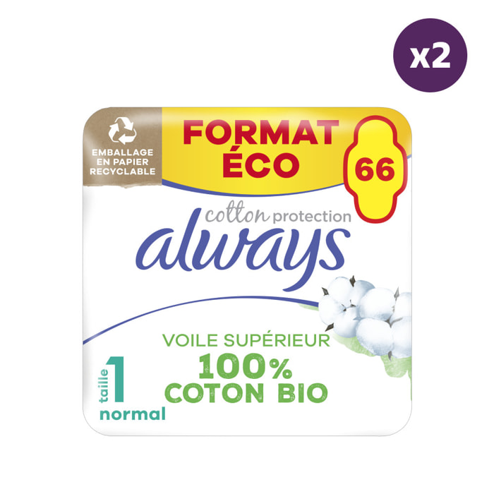 2x66 Serviettes Hygiéniques Always Cotton Protection - Normal Plus