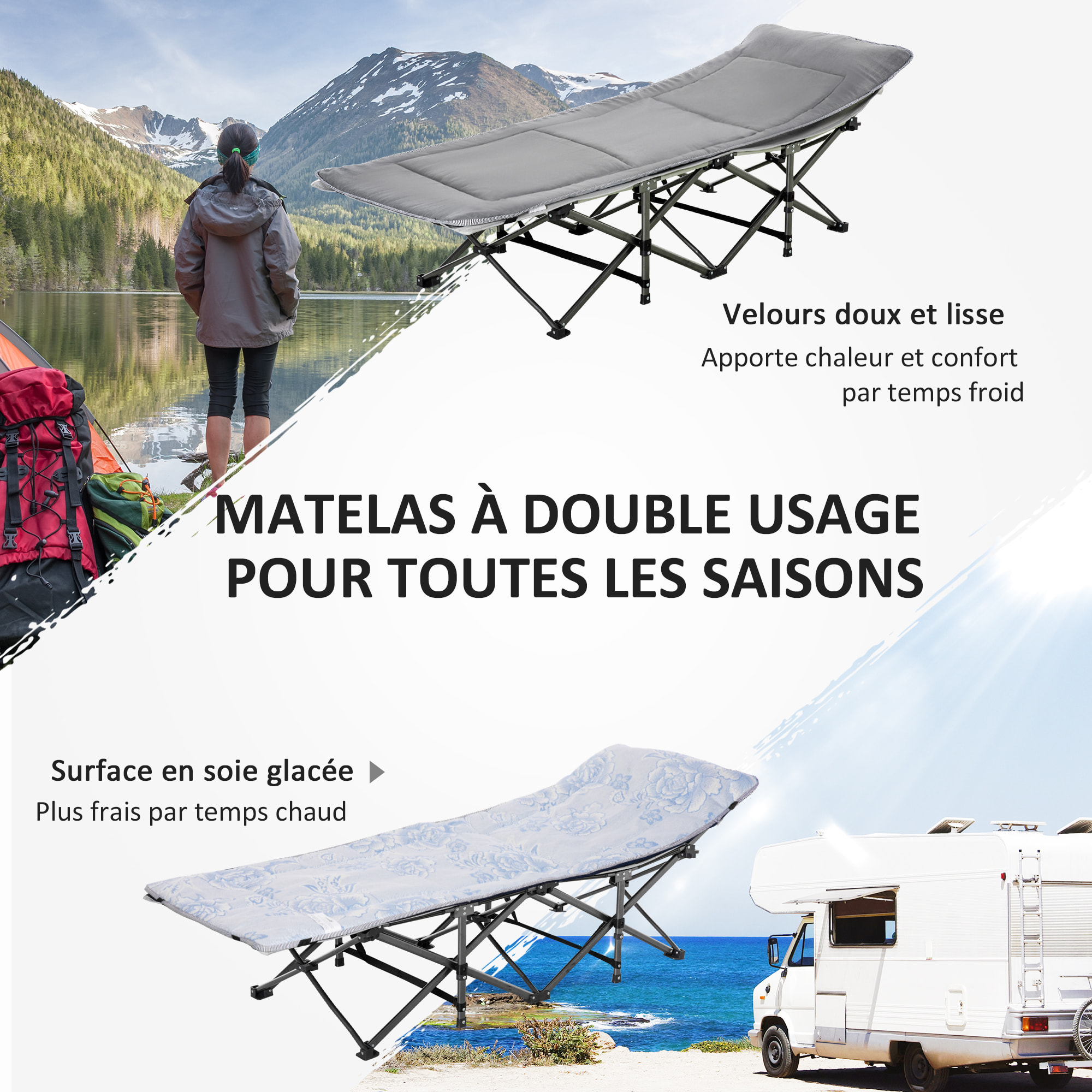 Lit de camp lit d'appoint pliable - pochette rangement, tétière, sac de transport, matelas inclus métal Oxford gris