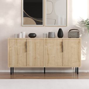 ATLAS Buffet cannelé 4 portes aspect bois 150x75cm