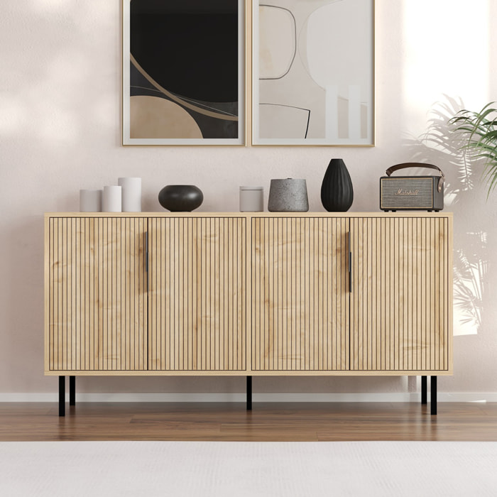 ATLAS Buffet cannelé 4 portes aspect bois 150x75cm
