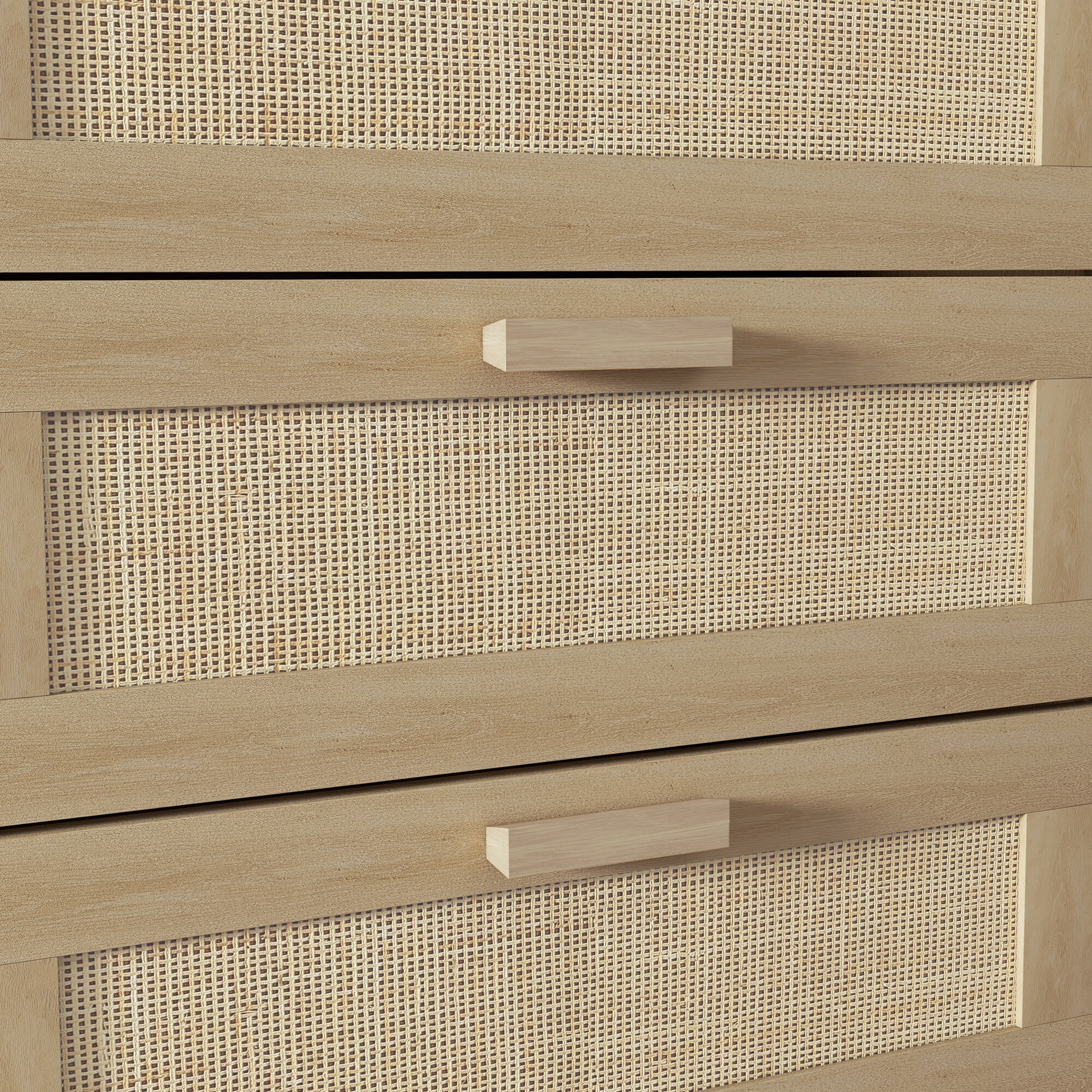 Cómoda 6 Cajones con Frontal de Ratán, Cómoda Dormitorio con Patas de Madera, Cajonera para Salón, Oficina, Estilo Bohemio, 110x40x75 cm, Roble