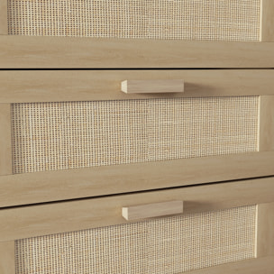 Cómoda 6 Cajones con Frontal de Ratán, Cómoda Dormitorio con Patas de Madera, Cajonera para Salón, Oficina, Estilo Bohemio, 110x40x75 cm, Roble