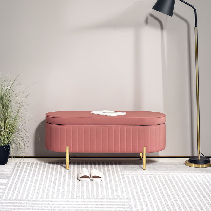 Banquette coffre 2 en 1 design ovale dim. 108x44x43cm velours rose poudré