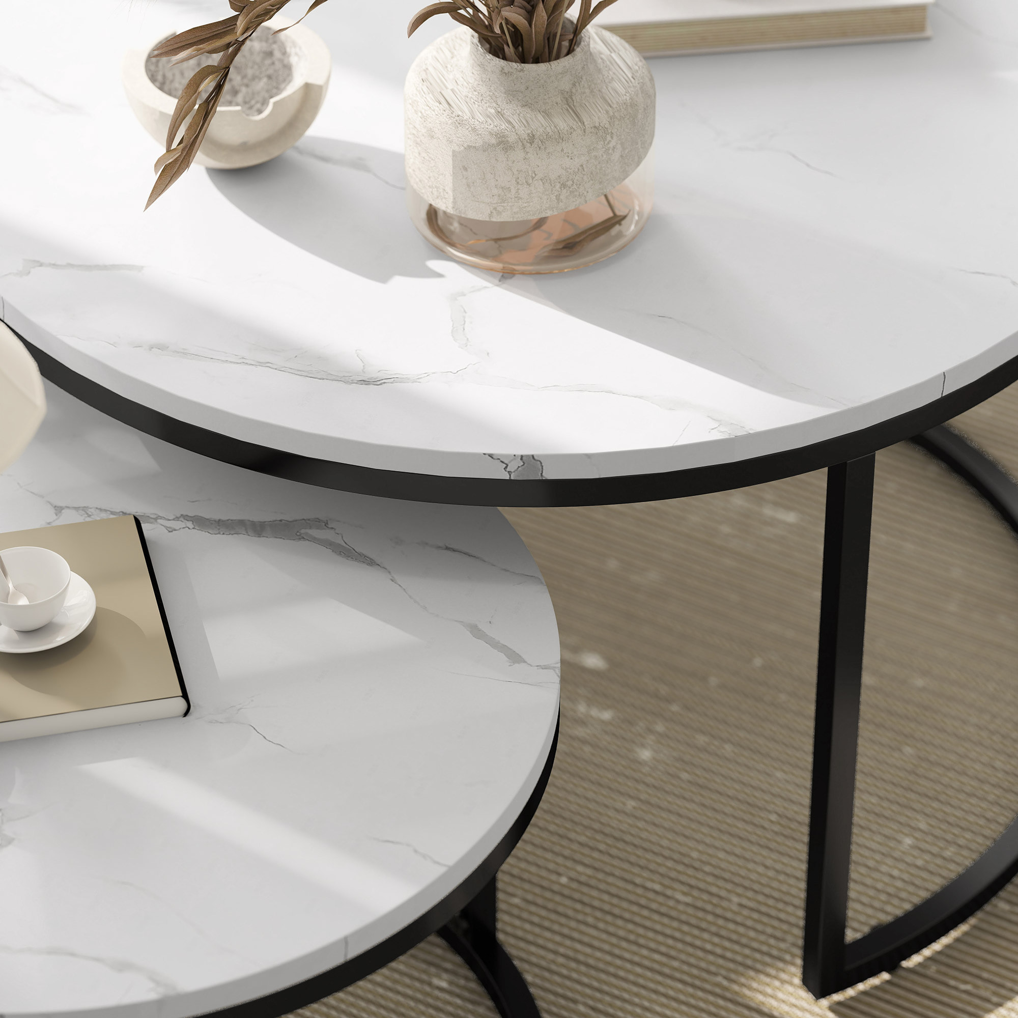 Lot de 2 tables basses rondes gigognes empilables piètement acier noir plateau aspect marbre blanc