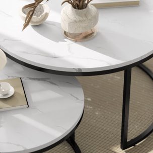 Lot de 2 tables basses rondes gigognes empilables piètement acier noir plateau aspect marbre blanc