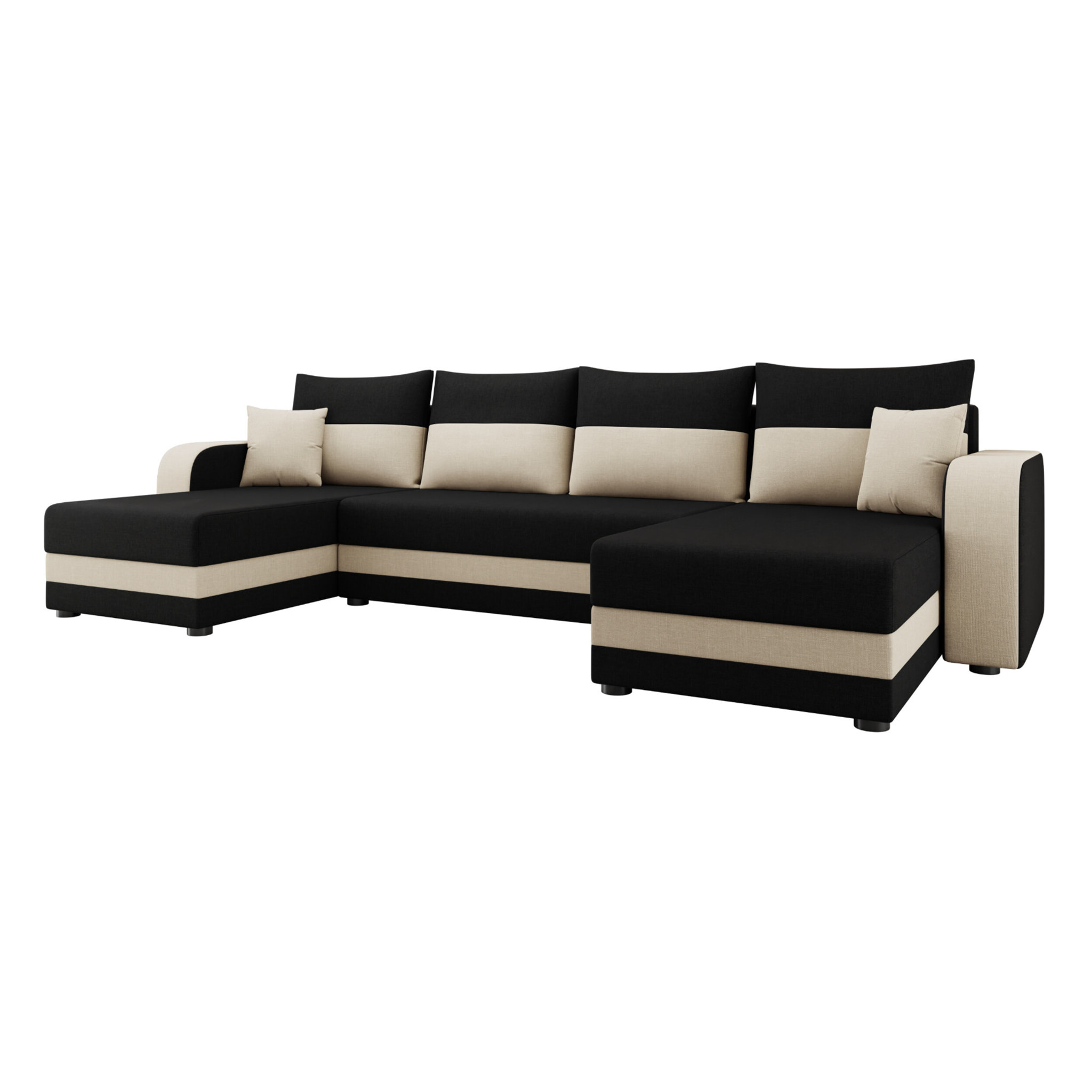 Harvey - Canapé panoramique en U 7 places convertible avec coffre en tissu bicolore - Noir / Beige