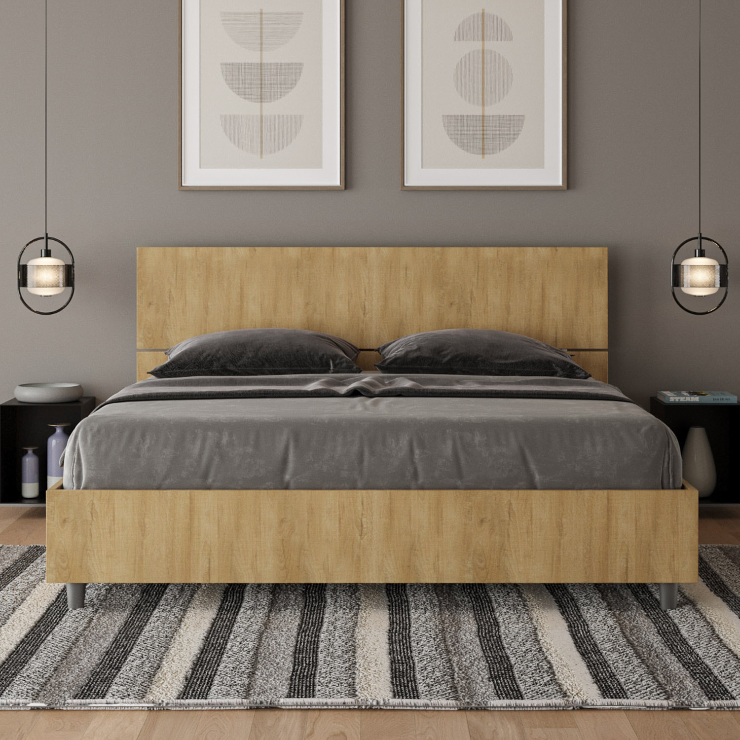 Letto con rete 160x200 testata dritta quercia Demas