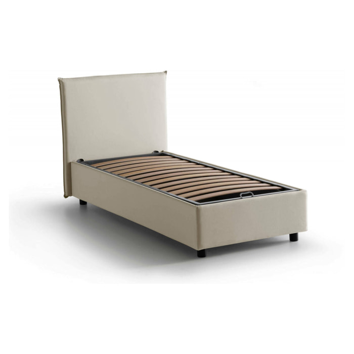 Letto singolo Argentino, Letto contenitore con rivestimento in tessuto, 100% Made in Italy, Apertura frontale, adatto per materasso Cm 80x190, Beige
