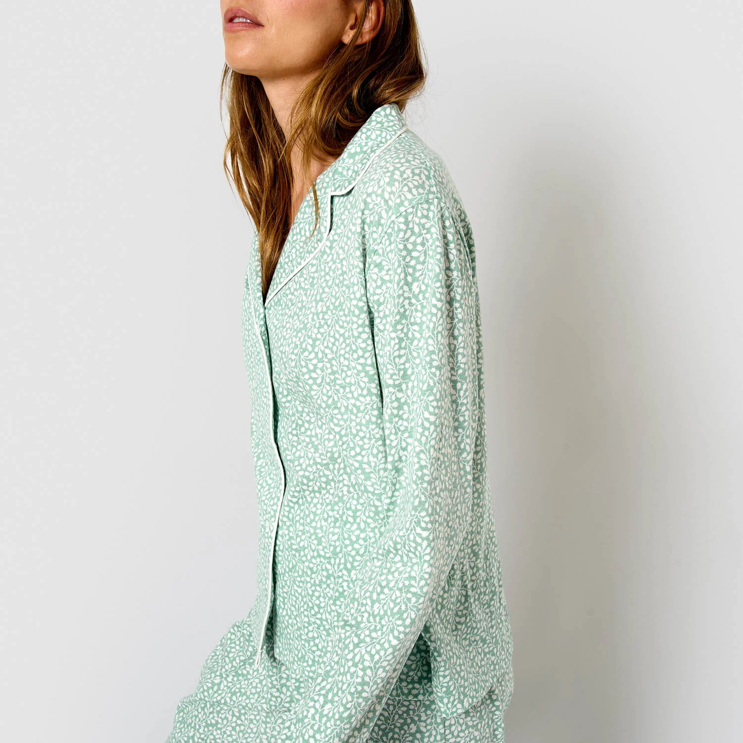 Pigiama lungo in cotone stile camicia veleta, verde tiffany
