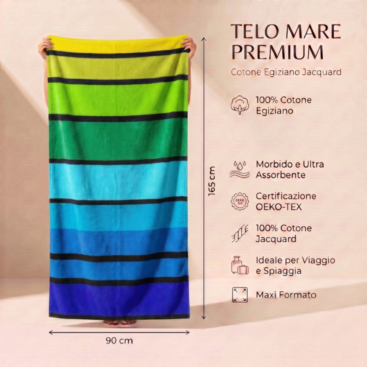Telo mare in spugna jacquard, 90x165 cm, 100% cotone egiziano, morbido e super assorbente, asciugamano spiaggia grande a righe multicolor, resistente e certificato OEKO-TEX, ideale per mare piscina palestra e viaggio