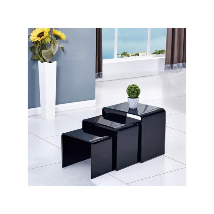 Lot de 3 tables basses gigogne en verre trempé Noir - BENT