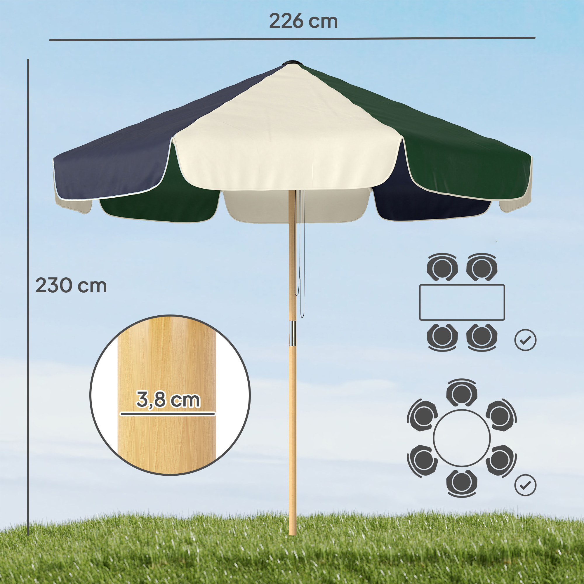 Sombrilla Terraza Exterior, Ø2,3 m, Sombrilla de Jardín con Marco de Efecto Madera, Polea con Cuerda, Dosel Bicolor, UPF30+, Parasol para Playa, Patio, Terraza, Verde Oscuro