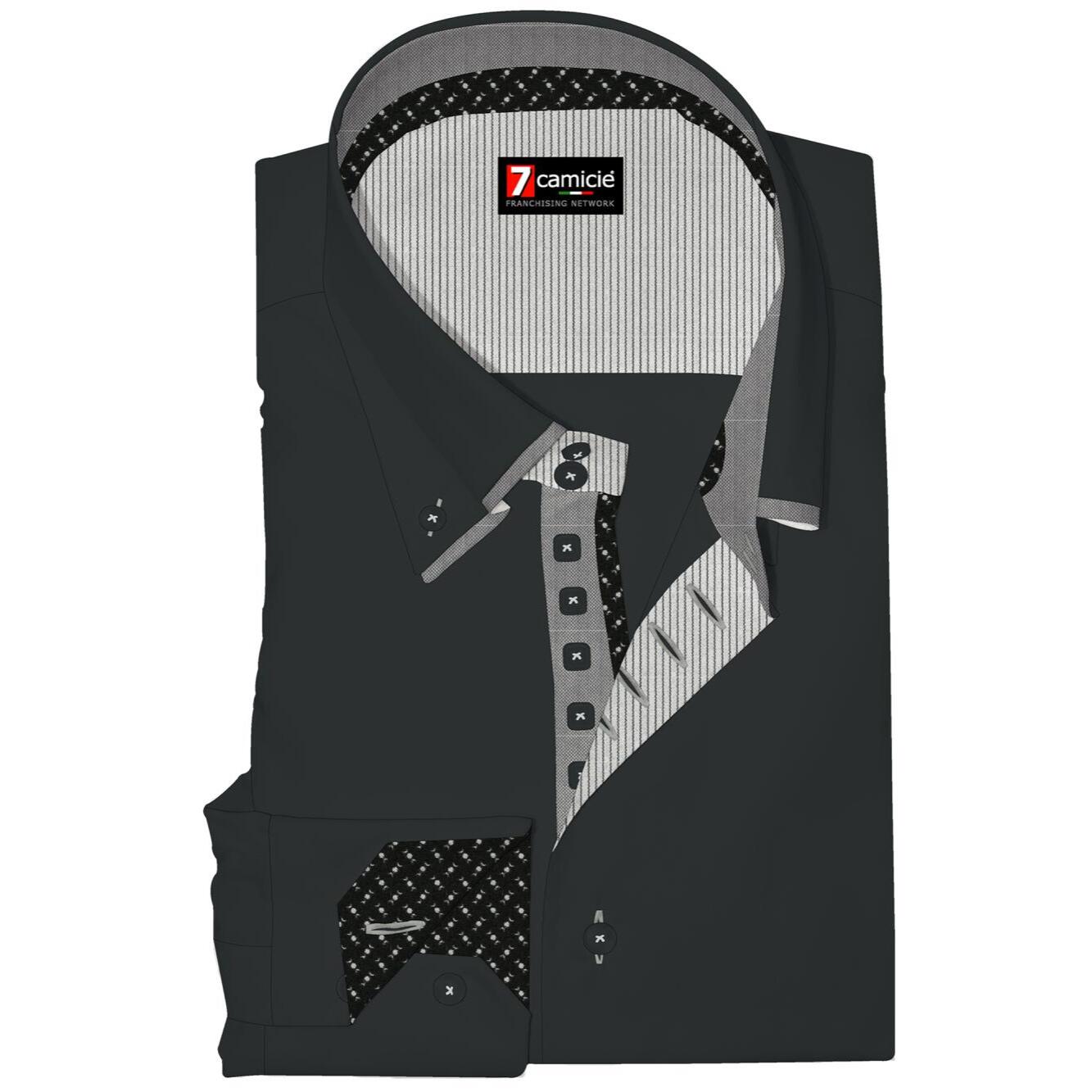 Camicia Uomo 2 Bottoni Button Down 7bottoni Doppio Coll Satin Unito Nero