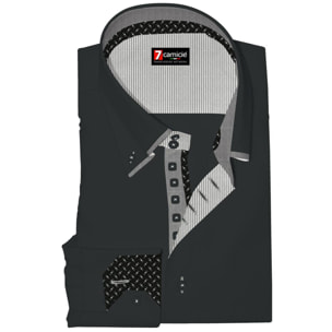 Camicia Uomo 2 Bottoni Button Down 7bottoni Doppio Coll Satin Unito Nero