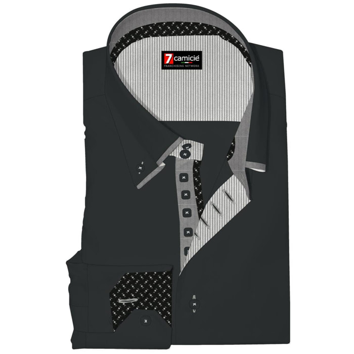 Camicia Uomo 2 Bottoni Button Down 7bottoni Doppio Coll Satin Unito Nero