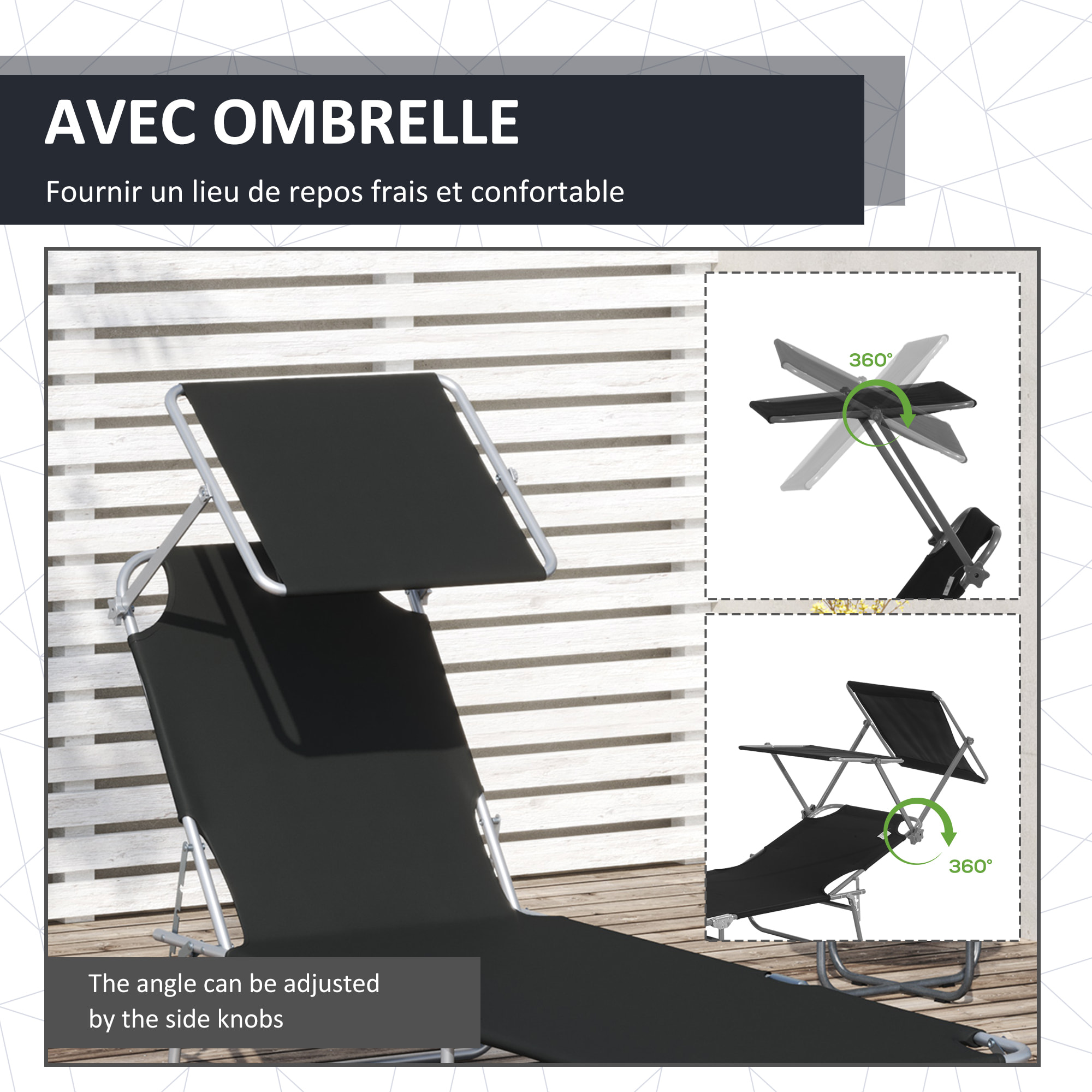 Transat bain de soleil pliable grand confort dossier et pare-soleil réglable multi-positions noir