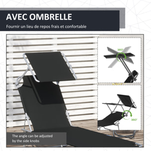 Transat bain de soleil pliable grand confort dossier et pare-soleil réglable multi-positions noir