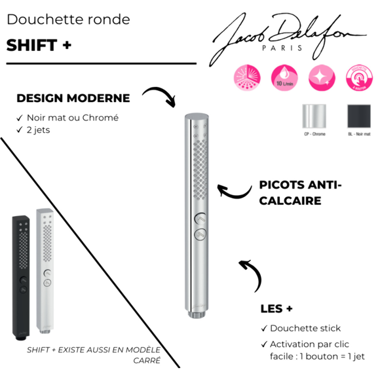 Pommeau de douche Shift+ rond 2 jets noir mat + flexible + support