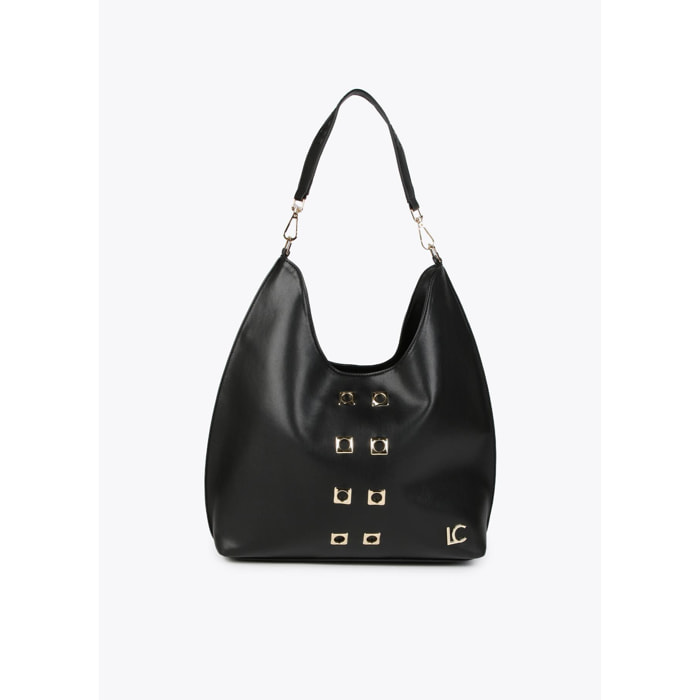 Borsa shopper con occhielli in metallo quadrati