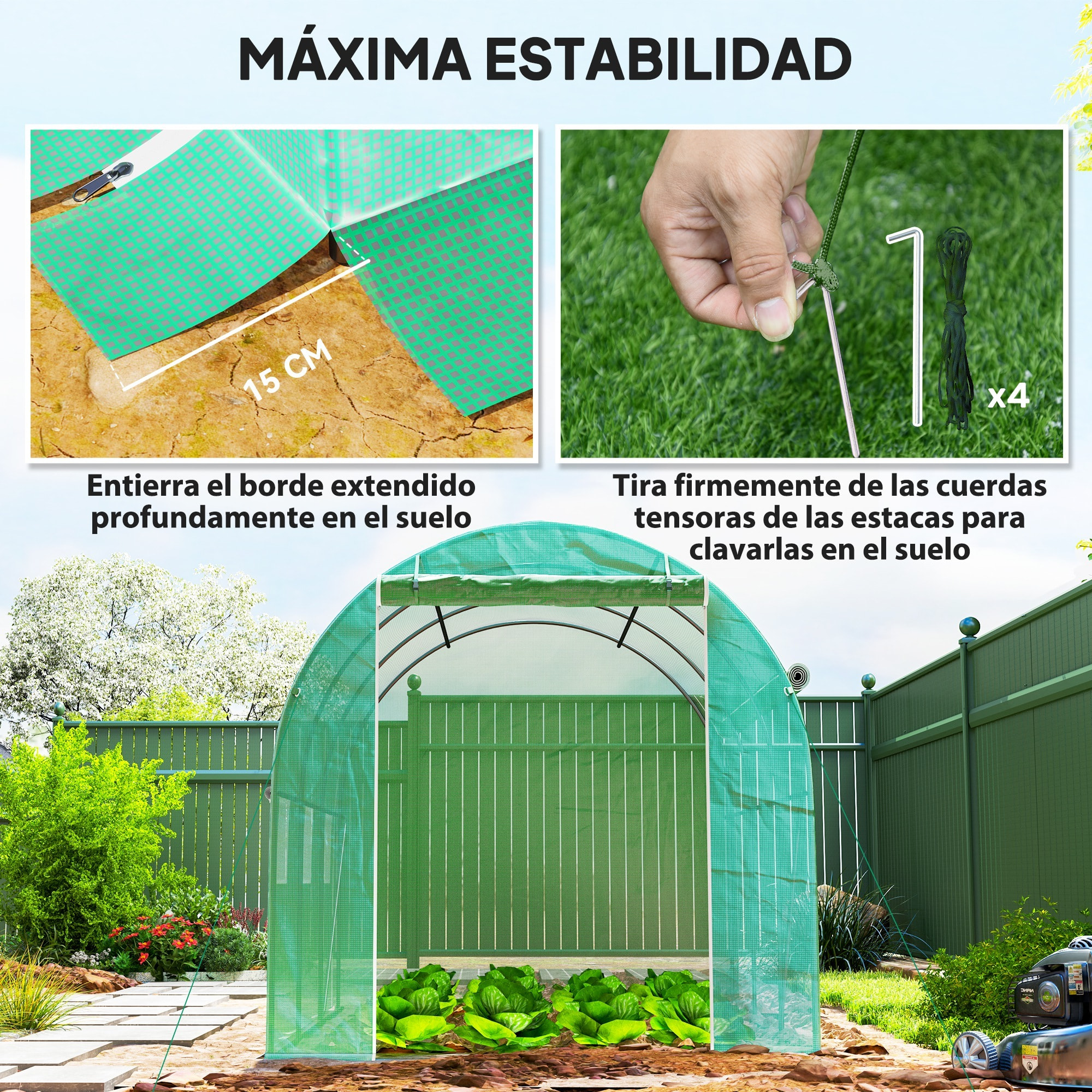 Invernadero de Túnel 296x196x200 cm Invernadero de Jardín con 3 Puertas Enrollables 6 Ventanas Cubierta PE 140g/m² Estructura de Acero Galvanizado para Cultivos Plantas Flores Verde