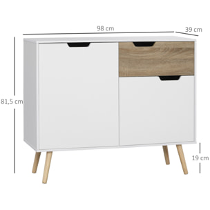 Buffet design scandinave 2 placards tiroir coulissant pieds bois massif pin panneaux particules blanc aspect bois - dim. 98L x 39l x 81,5H cm