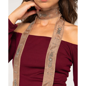 Cinta bordada marrón estilo foulard con cuentas