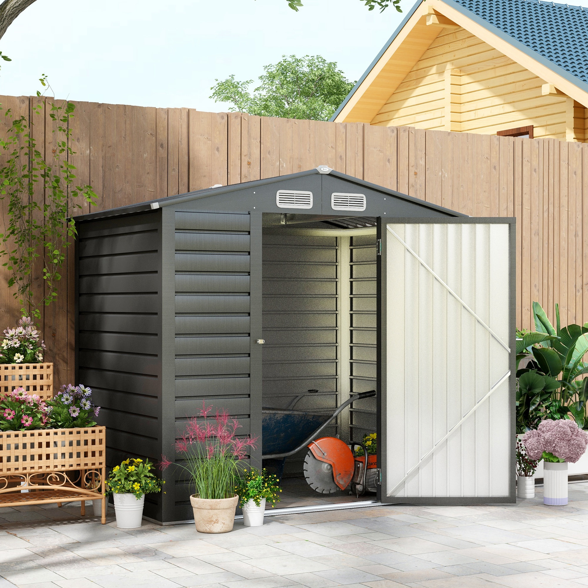 Abri de jardin cabanon dim. 190L x 131l x 188H cm porte verrouillable ventilations tôle acier ondulé gris