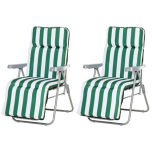 Lot de 2 chaise longue bain de soleil adjustable pliable transat lit de jardin en acier vert + blanc