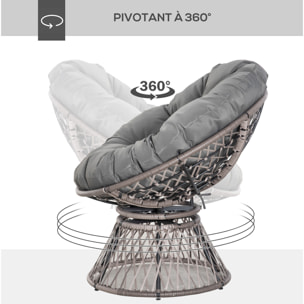 Fauteuil rond de jardin fauteuil papasan pivotant grand confort Ø 97 x 86H cm grand coussin fourni polyester résine tressée gris