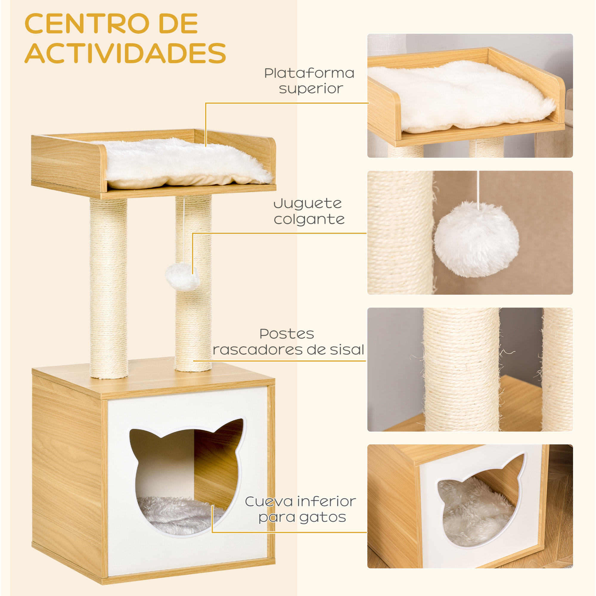árbol para Gatos de 2 Niveles con Cueva Cama Superior Postes Rascadores de Sisal Natural Cojines Lavables y Bola de Juguete 35x35x81 cm Roble y Blanco