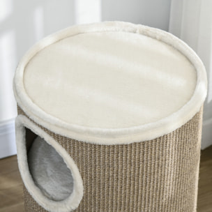 Arbre à chat cylindrique - tour à griffer pour chat - tonneau griffoir - 3 niveaux + plateforme - sisal peluche brun clair