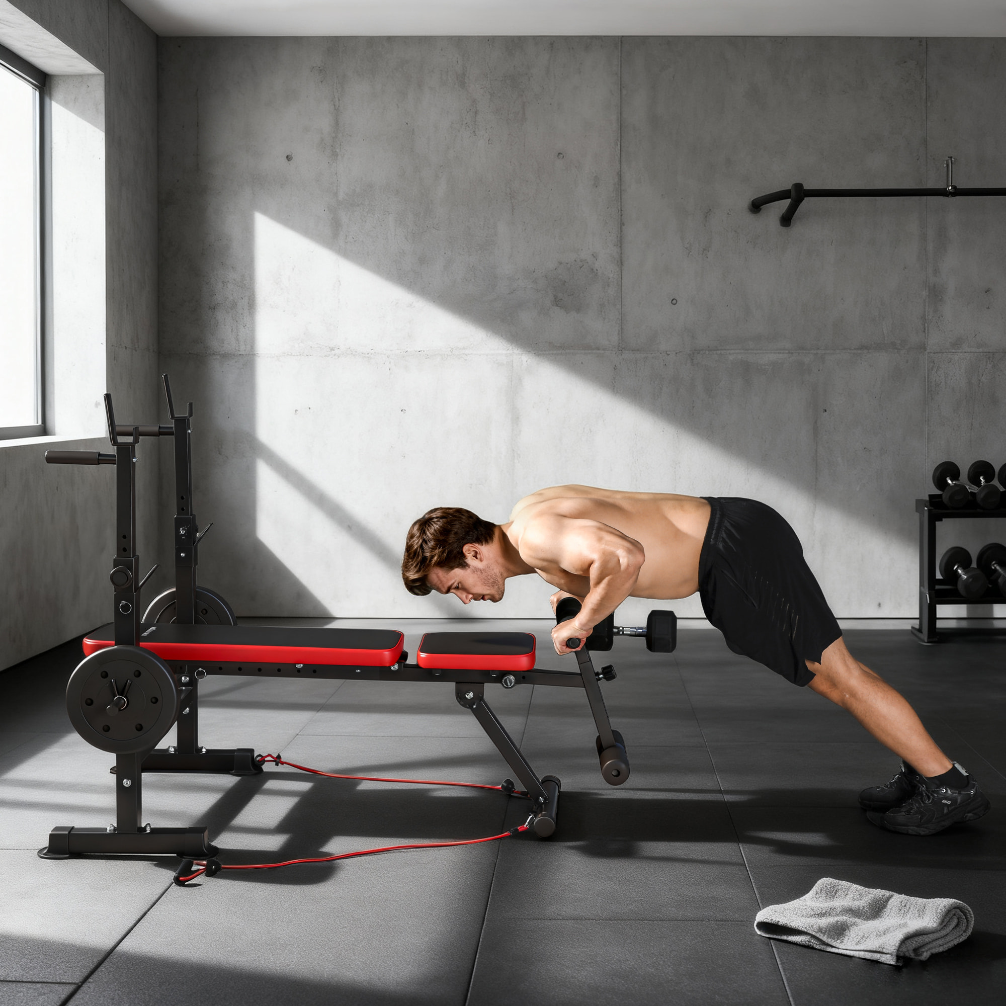 Banco de Musculación Multifuncional, Carga 300 kg, Banco de Pesas Inclinable con Soporte para Barras Ajustable, Asiento y Respaldo Regulable, para Entrenamiento Completo en Casa Gimnasio