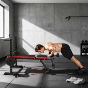 Banco de Musculación Multifuncional, Carga 300 kg, Banco de Pesas Inclinable con Soporte para Barras Ajustable, Asiento y Respaldo Regulable, para Entrenamiento Completo en Casa Gimnasio