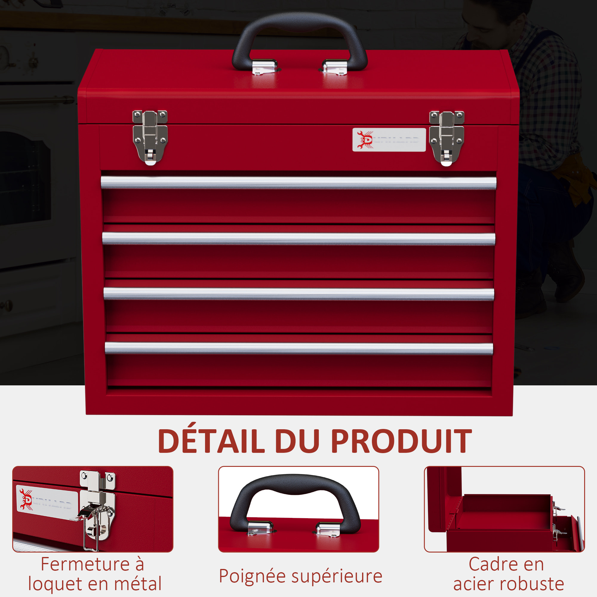 Boite à outils métallique coffret à outils caisse à outils 4 tiroirs + plateau tôle acier rouge