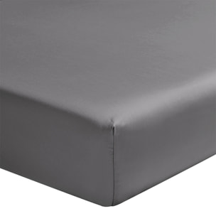 Drap housse uni en satin de coton, bonnet 40cm, TEOPHILE, Gris Meteore