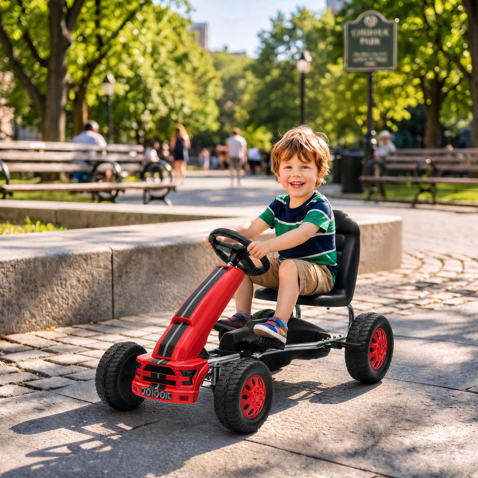 AIYAPLAY Kart Pedales para Niños de +3 Años, Go Kart con Asiento Ajustable, Volante, Freno Manual, Marco de Aluminio y Acero, Carga 30 kg, Rojo