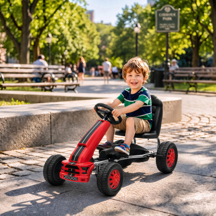 AIYAPLAY Kart Pedales para Niños de +3 Años, Go Kart con Asiento Ajustable, Volante, Freno Manual, Marco de Aluminio y Acero, Carga 30 kg, Rojo