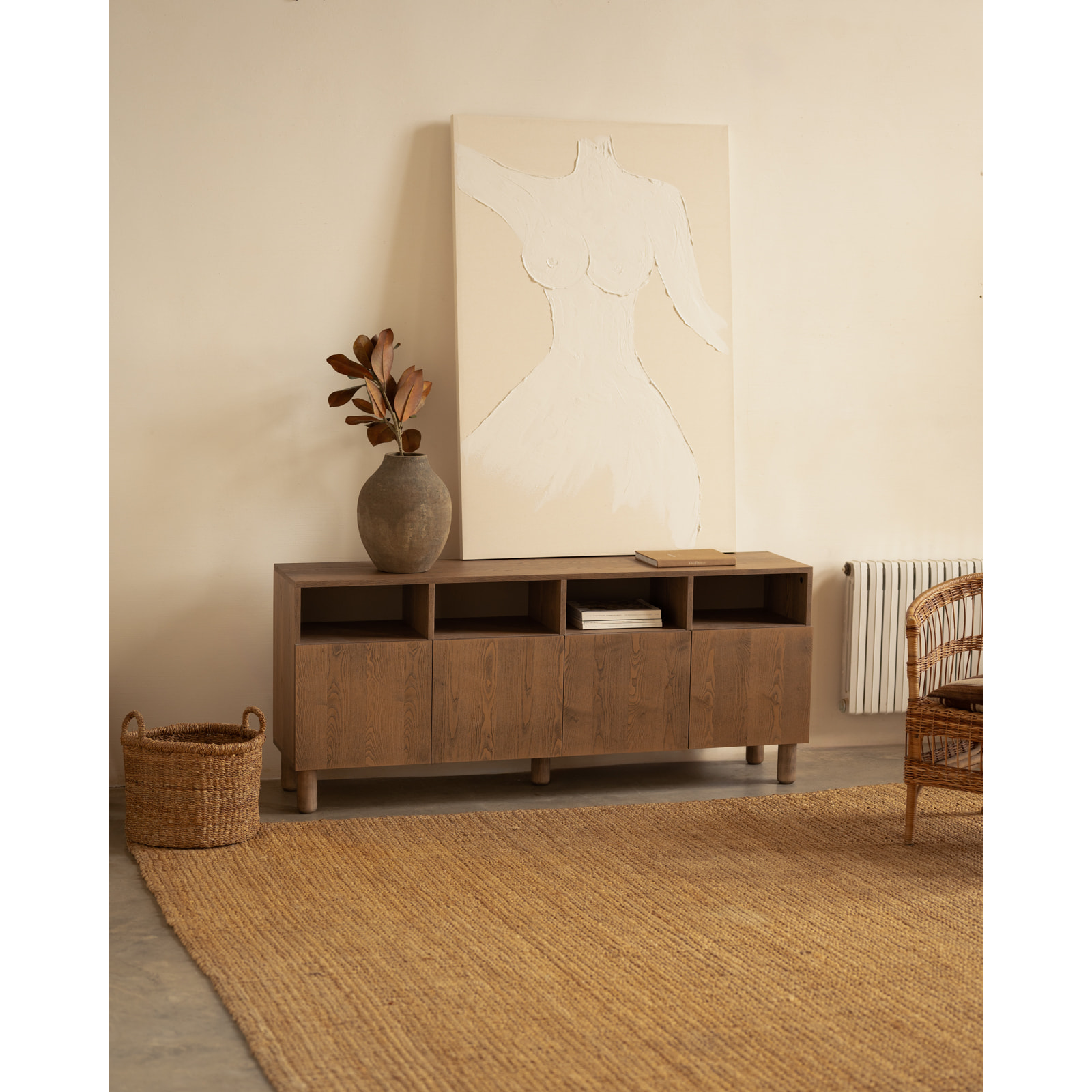 Buffet avec 4 portes en bois de placage de frêne naturel en teinte noisette de 176x40cm Hauteur: 75 Longueur: 176 Largeur: 40