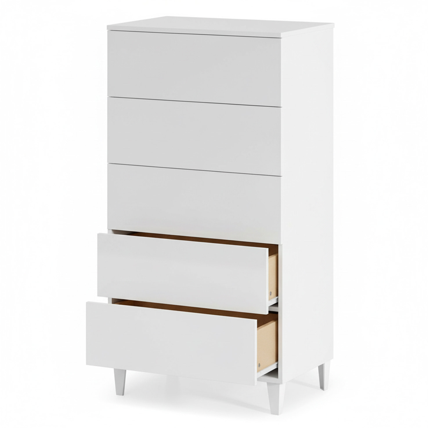 Comodino Con 5 Cassetti Cassettiera Settimino Mobile Da Camera Da Letto Moderno Mobiletto Con Piedini Montaggio Facile 60 x 40 x 117 Cm Bianco Lucido