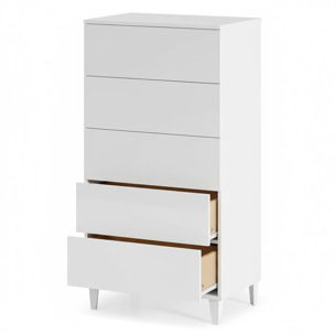 Comodino Con 5 Cassetti Cassettiera Settimino Mobile Da Camera Da Letto Moderno Mobiletto Con Piedini Montaggio Facile 60 x 40 x 117 Cm Bianco Lucido