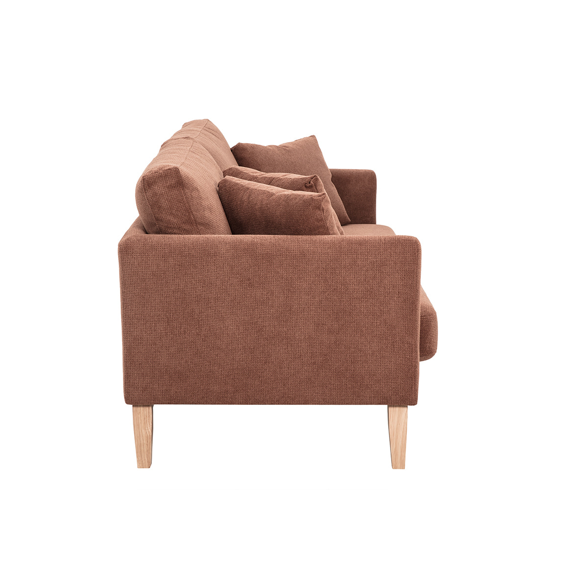 Canapé scandinave déhoussable 3 places en tissu chenille terre brûlée et bois clair OSLO