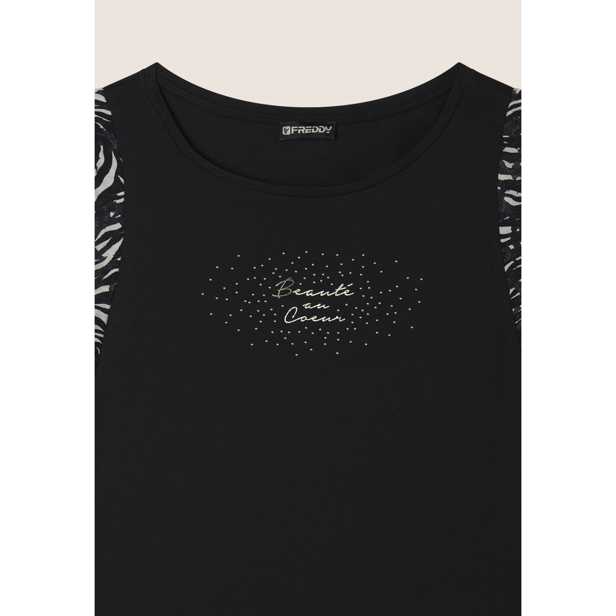 T-shirt senza maniche con dettagli dorati e animalier