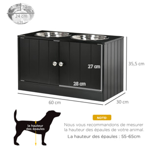 Gamelle double chien chat - porte-gamelles surélevé armoire 2 en 1 - 2 portes, 2 gamelles - acier inox. MDF noir