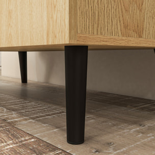Buffet haut design industriel - 4 portes, 3 étagères, tiroir, niche - métal panneaux noir chêne clair